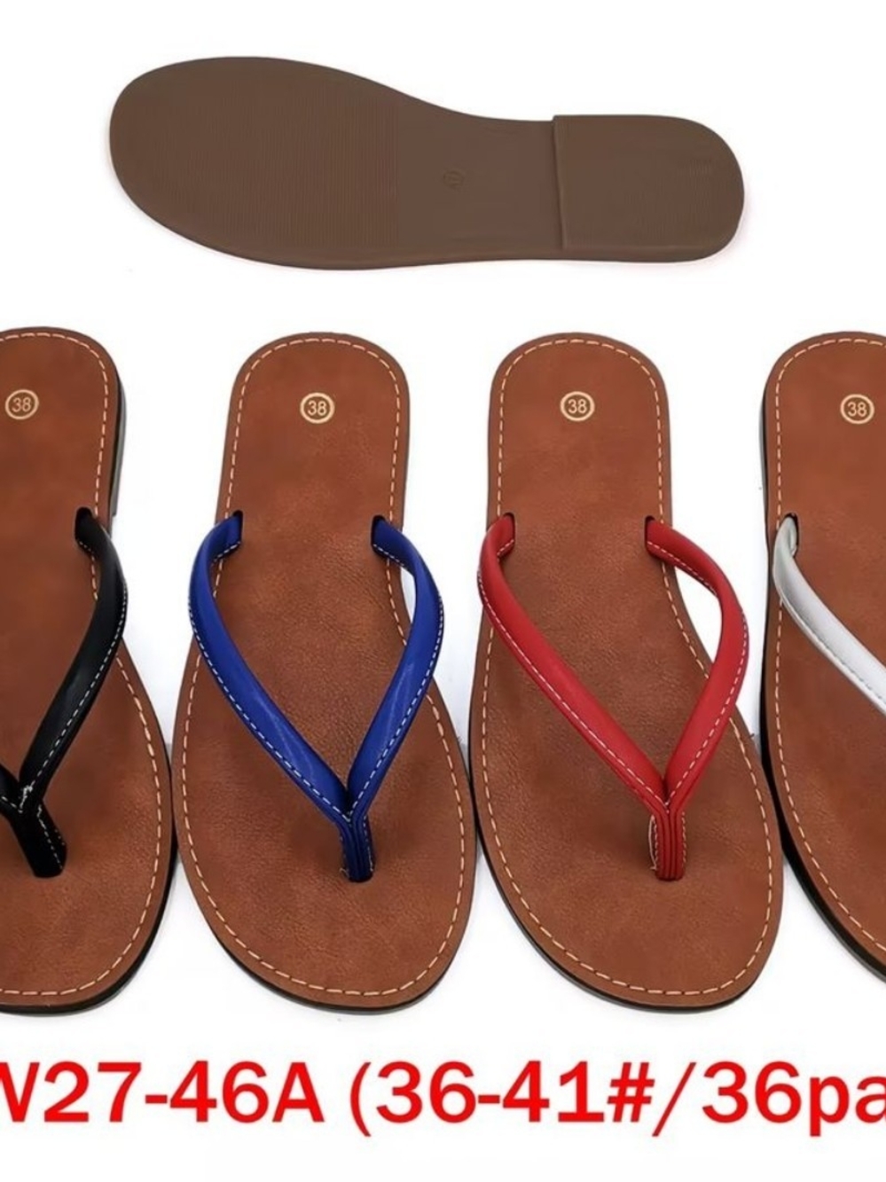 Men's Brown Leather Flip Flops with Red, Blue, Black, and White Straps